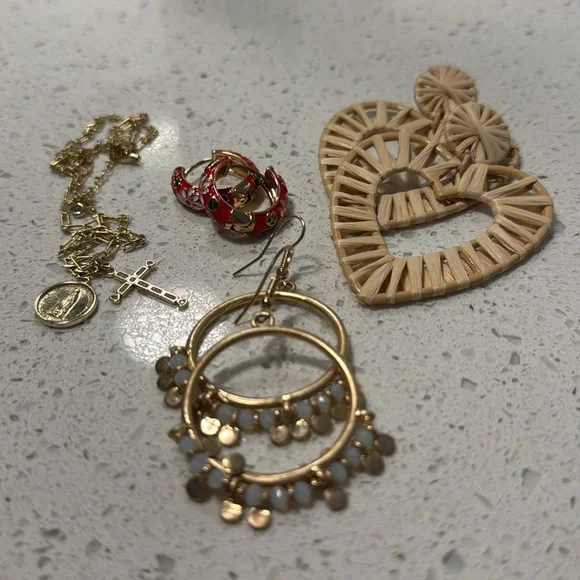 🚨CLEAR OUT🚨  Jewelry Lot - Enamel Heart Earrings Gold Hoops, Cross Necklace - Picture 2 of 2